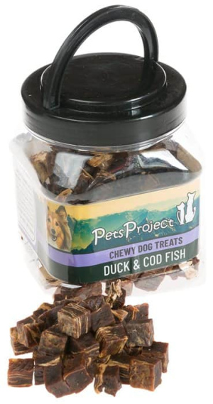 חטיף בצנצנת 400 גרם לכלב - קוביות ברווז ודג קוד