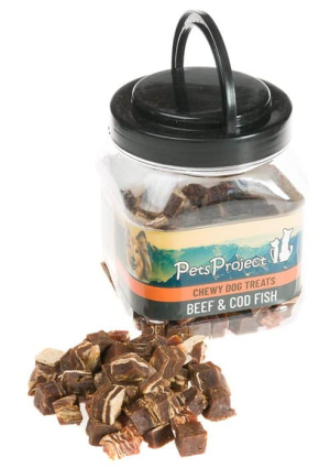 חטיף בצנצנת 400 גרם לכלב - קוביות בקר ודג קוד