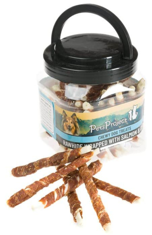 חטיף בצנצנת 400 גרם לכלב - מקלונים עטופים סלמון